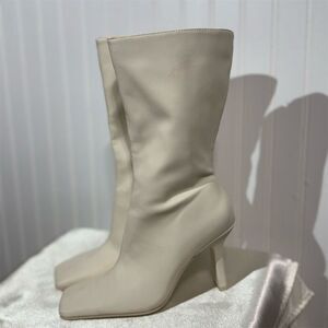 Oak + Fort Cream Mid Calf Heeled Boots Women’s 7 Square Toe Minimalist Y2K